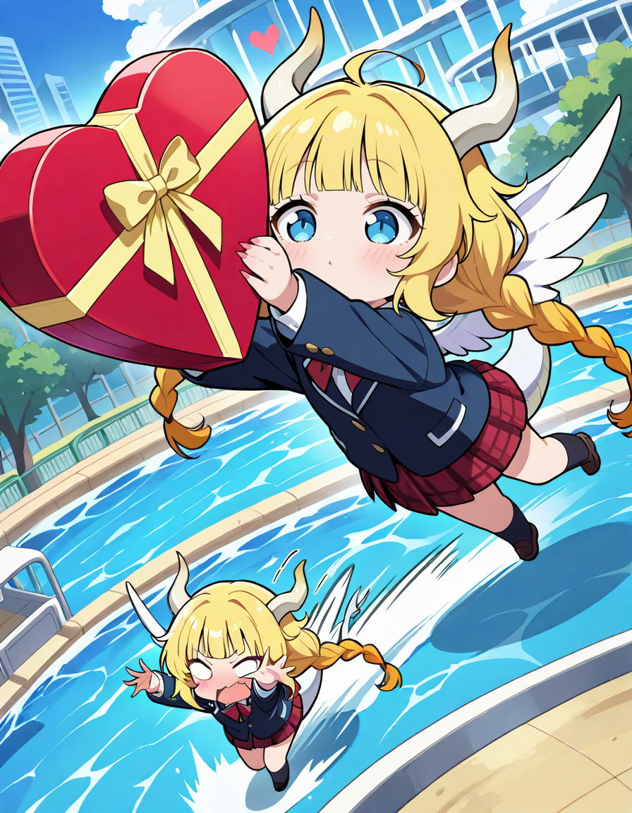masterpiece,best quality,amazing quality,ultra detailed,very aesthetic,absurdres,motion_lines,speed_lines,motion_blur,dynamic_angle,cinematic_angle,blonde hair,twin braids,blunt bangs,very long hair,large_wings,asymmetrical_wings,messy hair,flying,dragon_ wing,dragontail,dragon horn,chibi,sharp_fingernails,school_uniform,outstretched_arms,bust,solo,valentine gifts,waterpark,heart,arms_up,