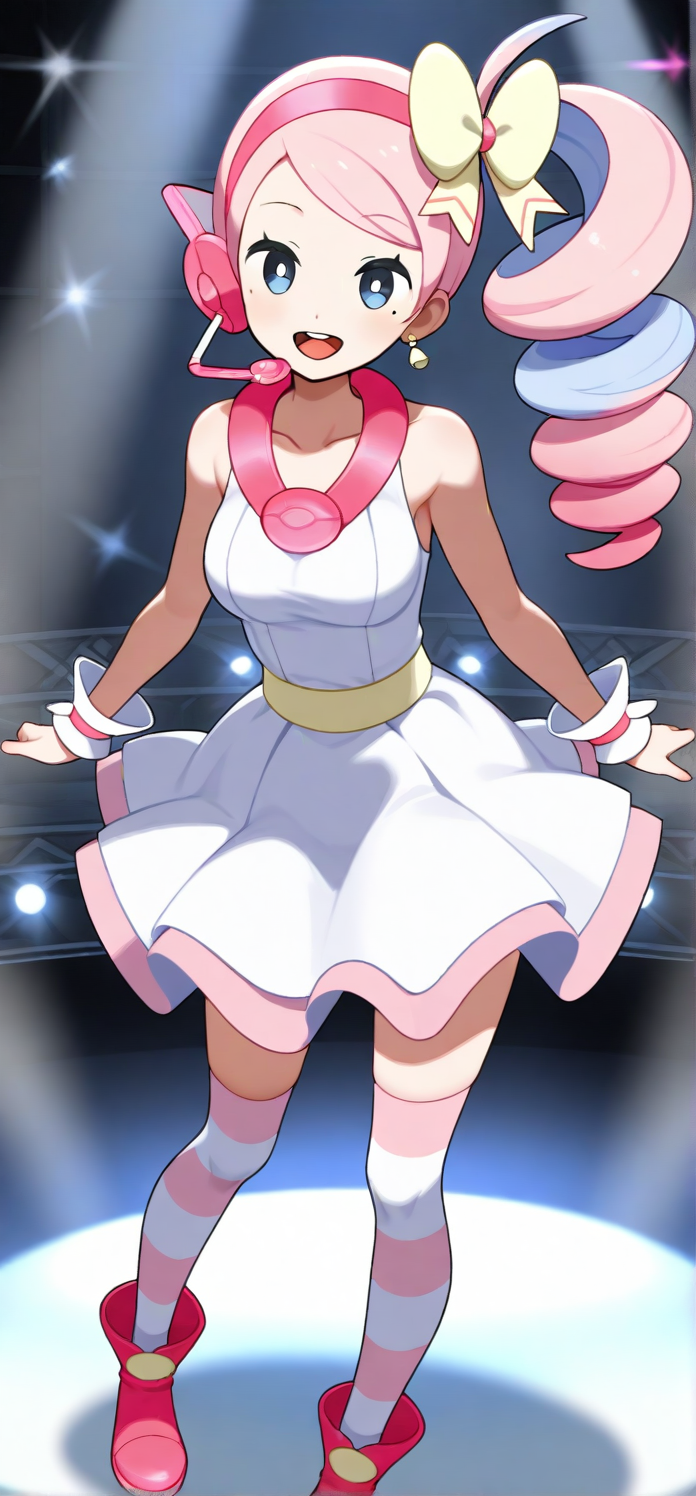 2d, masterpiece, best quality, amazing quality, highres, absurdres, newest, 1girl, solo, looking at viewer, stage, spotlight, medium breasts, bwnancy, yancy \(pokemon\), blue eyes, white pupils, mole under eye, pink hair, blue hair, multicolored hair, collarbone, bare shoulders, side ponytail, drill hair, hair bow, yellow bow, headset, earrings, hairband, sleeveless dress, wrist cuffs, skirt, white dress, open mouth, striped thighhighs, ankle boots, pink footwear