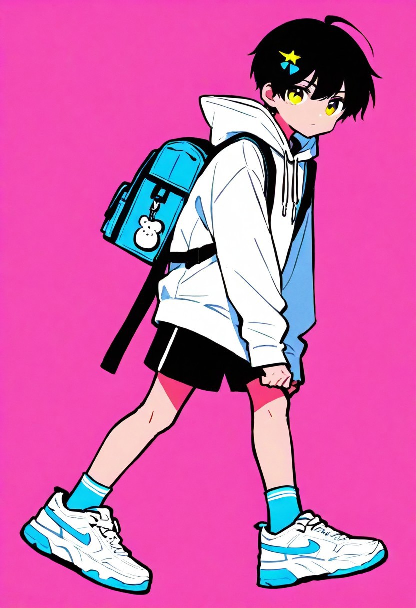 end_fl4t, shorts, bag, hood, solo, black hair, white footwear, 1boy, black shorts, yellow eyes, backpack, male focus, pink background, holding, shoes, hoodie, short hair, looking at viewer, white hoodie, hood down, socks, long sleeves, hair ornament, closed mouth, sneakers