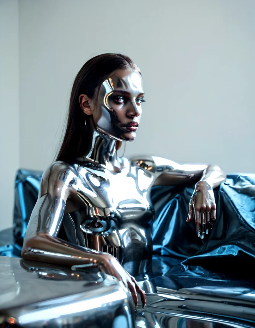 score_9, score_8_up, score_7_up, chromelora, 1girl, solo, chrome skin, potrait, reflecting, shiny