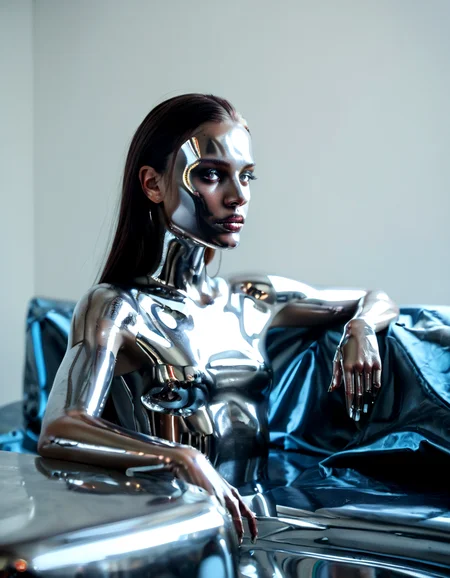 score_9, score_8_up, score_7_up, chromelora, 1girl, solo, chrome skin, potrait, reflecting, shiny