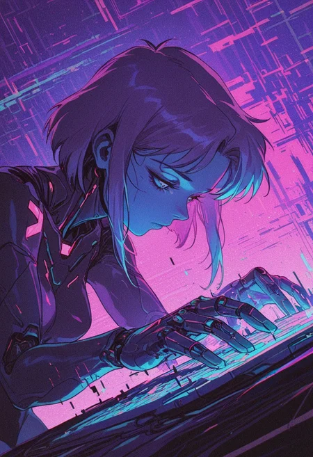 gglittch, glitch, colorful, abstract, abstract background, chromatic aberration, digital dissolve, 1girl, solo, masterpiece, best quality, cyberpunk, cyborg, science fiction, screens, typing, dynamic angle, melanch0ly, retro anime, 1990s,
