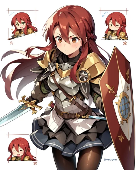 score_9, score_8_up, score_7_up, score_6_up, score_5_up, score_4_up, BREAK source_anime,<lora:add-detail-xl:1>,<lora:Expressive_H:1>,
<lora:Raquna Sheldon_PONY:1>,raquna sheldon, 1girl, solo, red hair, long hair, hair between eyes,brown eyes, armor, shoulder armor, breastplate, pantyhose, skirt,weapon, braid, sword, shield, holding weapon