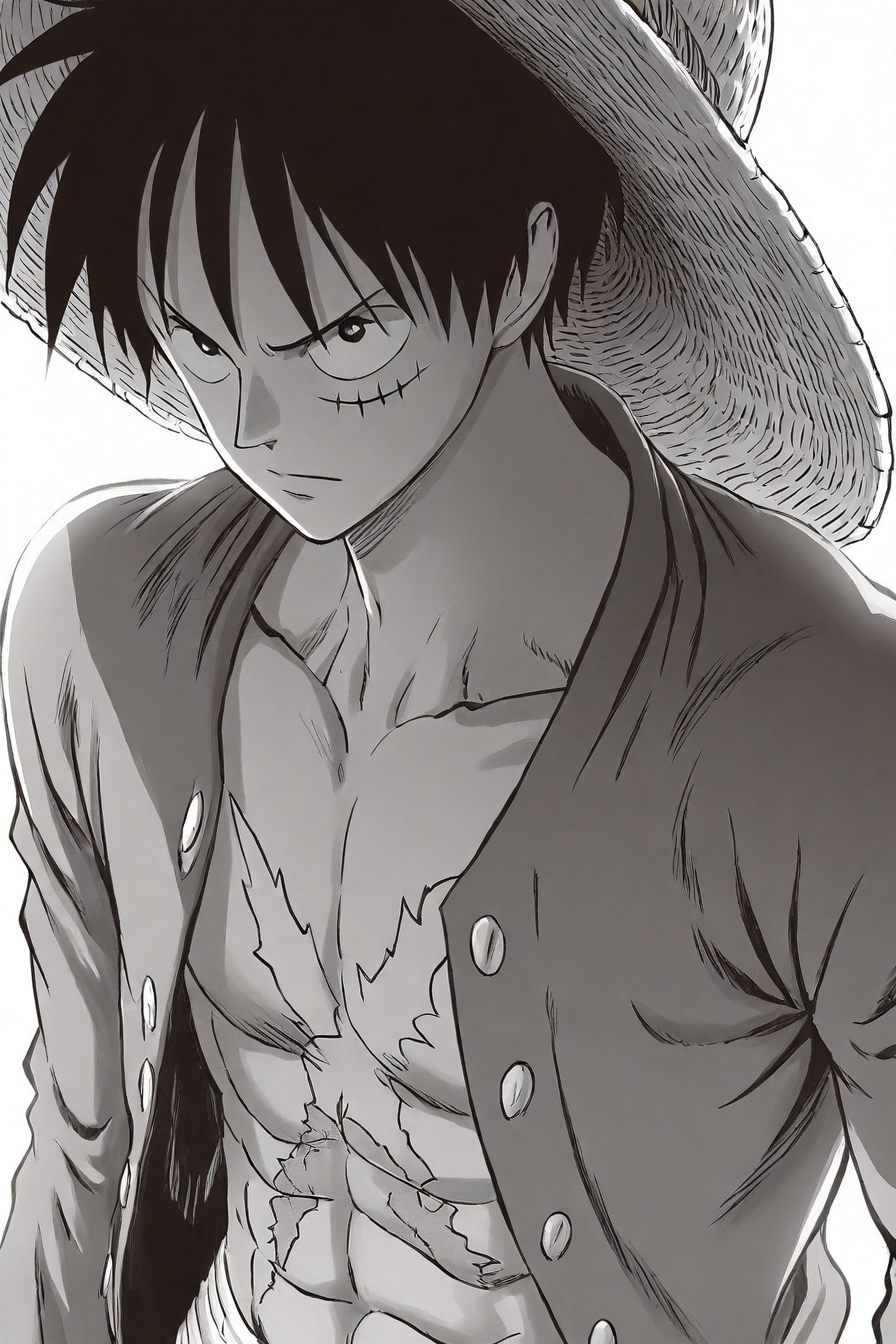 <lora:LUFFY_pony_XL:0.6>, Luffy, jacket, scar on chest, straw hat, black hair,  1boy, solo, alone, shade, shadow, <lora:yusuke_murata_style_illustriousXL:1>, yusuke_murata_style, monochrome, greyscale, masterpiece, highres