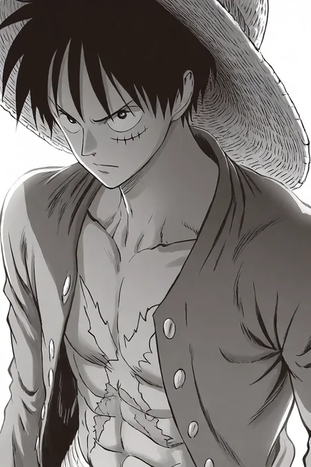 <lora:LUFFY_pony_XL:0.6>, Luffy, jacket, scar on chest, straw hat, black hair, 1boy, solo, alone, shade, shadow, <lora:yusuke_murata_style_illustriousXL:1>, yusuke_murata_style, monochrome, greyscale, masterpiece, highres