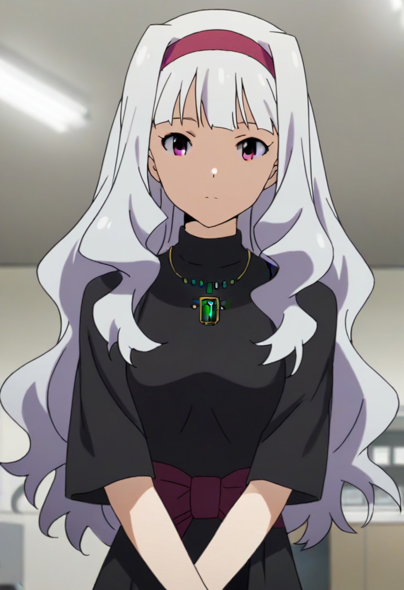 source_anime, uncensored, nsfw, <lora:Takane_Shijou_The_iDOLMSTER_2011_anime_art_style:.8>1girl, solo, grey hair, long hair, purple eyes, breasts, Takane black dress with green brooch outfit , purple hairband, jewelry, necklace, pendant, dress,