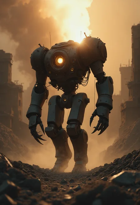 ,photorealistic imagery,
mech-arachnid-man-warrior, standing tall with 8 large mechanical tendrils ending in sharp claws extended from his back, each one grasping a different object such as abandoned machinery, debris, or scraps of metal, 8 arms flexed and posed in a powerful stance, red and black armor plating covering most of his body, yellow glowing accents on his eyes and joints, white smoke billowing from the wasteland below, Martian dust devils swirling around his feet, cliff edge crumbling away beneath him, overlooking a desolate futuristic cityscape with ruins of skyscrapers, twisted metal beams, and charred buildings, orange-red sunset glow casting long shadows across the barren landscape, atmospheric haze of toxic pollutants hanging low over the ravaged terrain, warm golden light illuminating the mech's metallic surface, high contrast between bright highlights and deep shadows, gritty texture and worn edges giving a sense of aged, battle-worn machinery, dramatic perspective emphasizing the vastness of the desolate waste