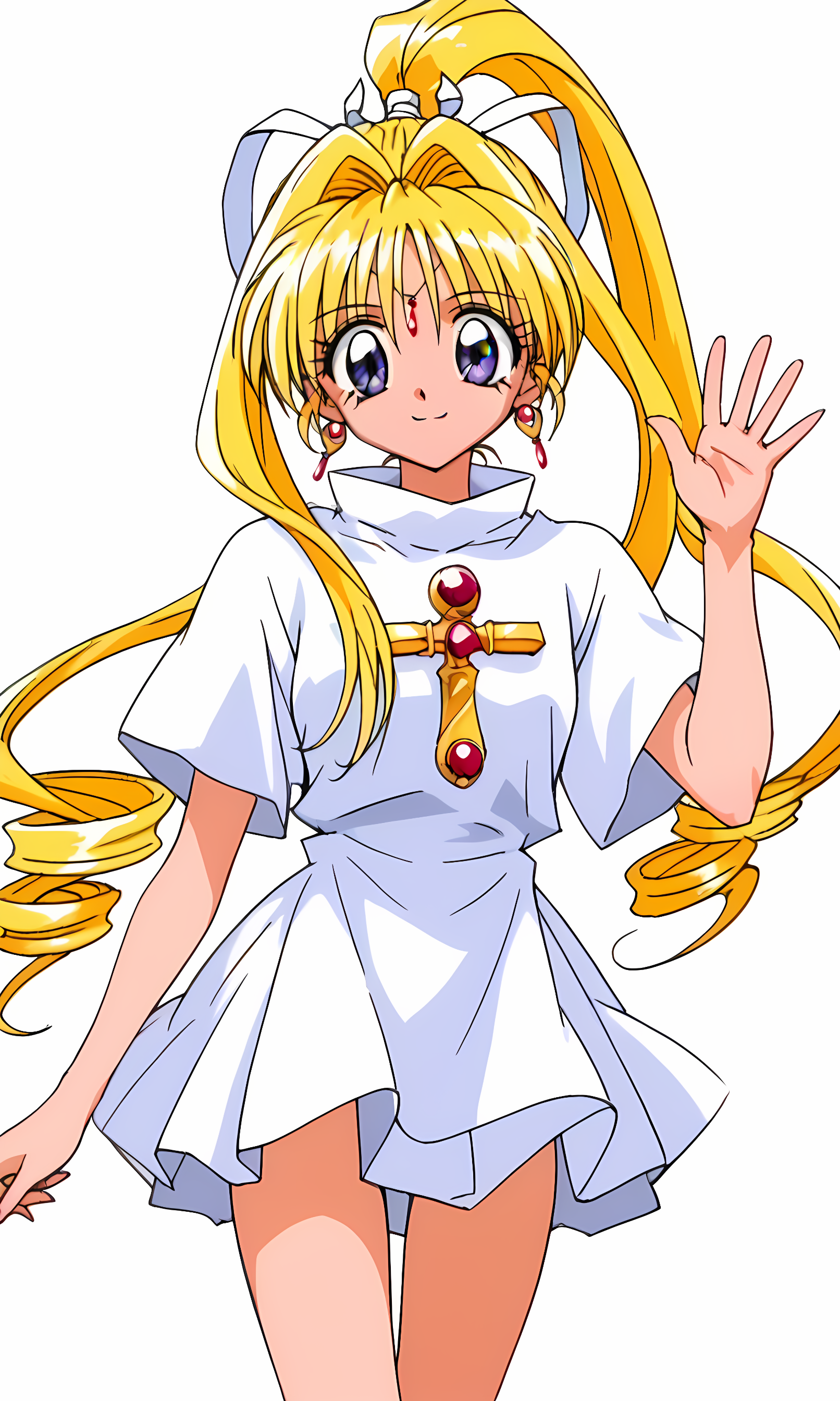 8k, best quality, solo, cute, score_9, score_8_up, score_7_up, 90s anime, masterpiece, source_anime, KKJs2, artist A style, purple eyes, forehead jewelry, blonde hair, very long hair, hair intakes with drill long sidelocks, one high drill ponytail at the back, white hair ribbon, earrings, (plain white outfit:1.3), folded standing collar, white collar, no shoulder decorations, no red ribbon decorations on shoulders, Loose waist, no red and yellow sash, no red rope with tassels, no large yellow bow, white side slit and long shirt tail, white short sleeves, no red accents on white short sleeves, no short red inner sleeves, cross ornament on chest, bare hands, white layered miniskirt, bare legs, cowboy shot,waving hands,