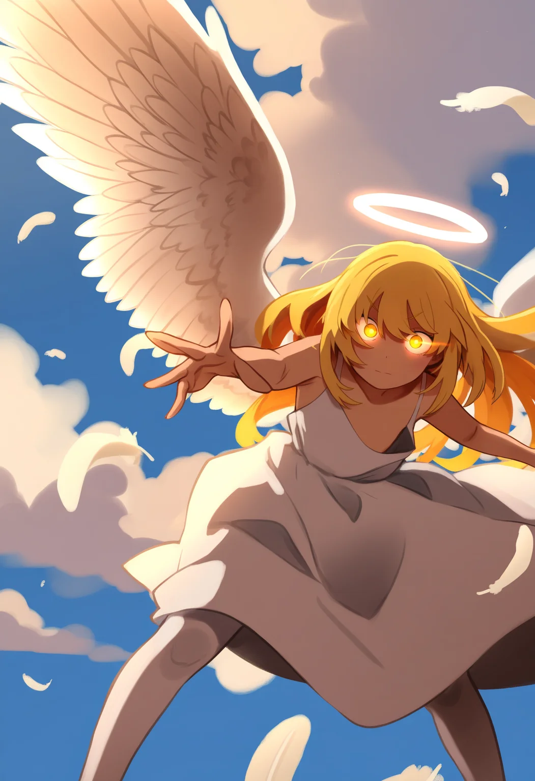 khyleri,
best quality, amazing quality, very aesthetic, absurdres,
BREAK
1girl, long hair, blonde hair, white theme, angel wings, white dress, feathers, sky, detailed background, white background, halo, white pantyhose, spread wings, outstretched, blue sky, cloud,
looking at viewer, yellow eyes, glowing eyes, <lora:KhyleriNoobLocon_byKonan:1>