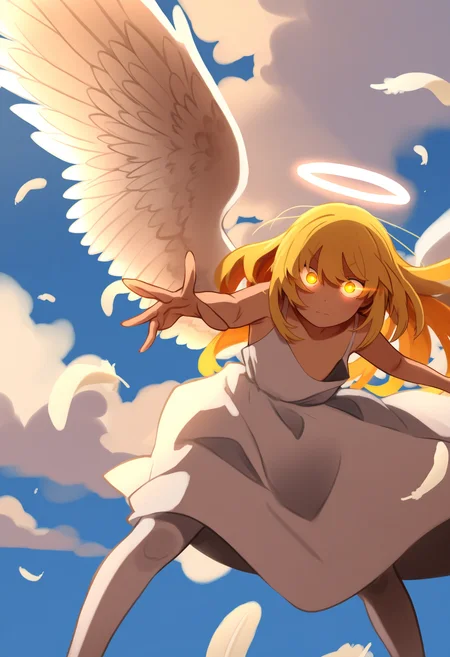 khyleri,
best quality, amazing quality, very aesthetic, absurdres,
BREAK
1girl, long hair, blonde hair, white theme, angel wings, white dress, feathers, sky, detailed background, white background, halo, white pantyhose, spread wings, outstretched, blue sky, cloud,
looking at viewer, yellow eyes, glowing eyes, <lora:KhyleriNoobLocon_byKonan:1>