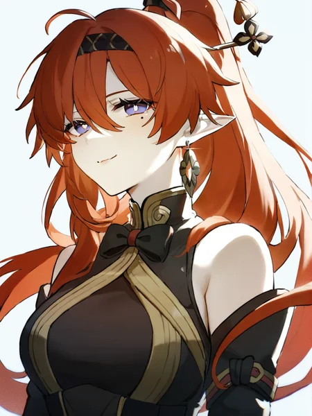 1girl,
yinlin \(wuthering waves\),
solo, collarbone, hair between eyes, upper body, single earring, closed mouth, ahoge, bare shoulders, earrings, white background, blue eyes, simple background, mole under mouth, bow, black bow, long hair, smile, red hair, looking at viewer, mole under eye, jewelry, ponytail, mole, hair bow,
masterpiece, best quality, safe
<lora:mki-ani3-yinlin-v1:1> <lora:mki-ani3-konya_karasue-v2:1>