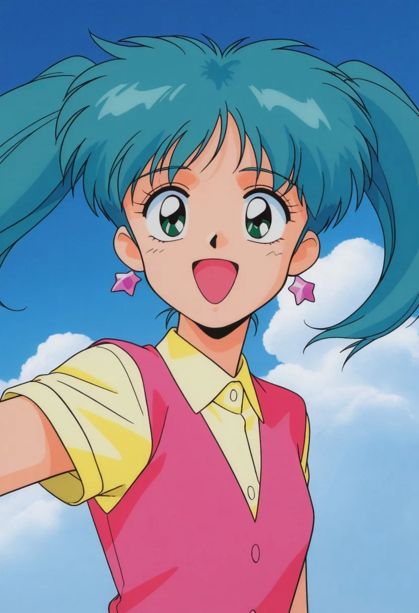 masterpiece, best quality, source_anime,official art,perfect_anatomy,1990s_\(style\),retro_artstyle,1girl, Sweet Mint, green_eyes, earrings, jewelry, long_hair, aqua_hair,twintails,shirt,looking_at_viewer,smile,open mouth,upper body,close to viewer,day,blue_sky,cloud