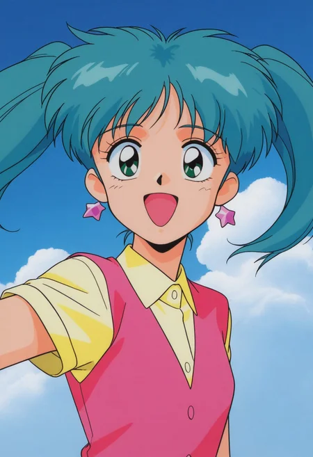 masterpiece, best quality, source_anime,official art,perfect_anatomy,1990s_\(style\),retro_artstyle,1girl, Sweet Mint, green_eyes, earrings, jewelry, long_hair, aqua_hair,twintails,shirt,looking_at_viewer,smile,open mouth,upper body,close to viewer,day,blue_sky,cloud