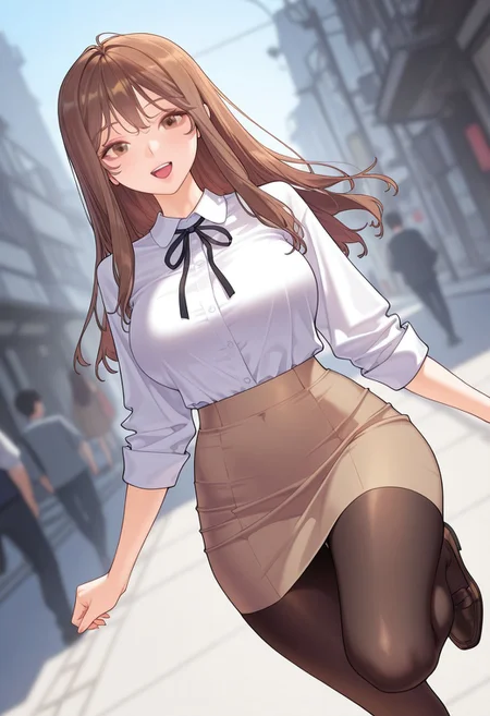 1girl, han_gayoung, brown hair, long hair, brown eyes,
large breasts,
White shirt, collared shirt, buttons, neck ribbon, black ribbon, brown skirt, pencil skirt, shirt tucked in, black pantyhose,
Smile, happy, open mouth, looking at viewer