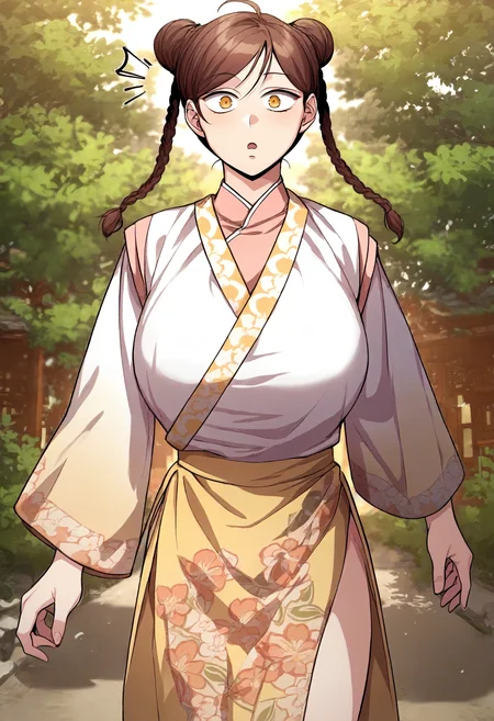 score_9, score_8_up, score_7_up, score_6_up, source_anime, rating_explicit, 1girl, (solo:1.1), huge breasts, <lora:Peng Mu-ah prefectPonyxl:1> brown hair, double bun, twin braids, brown eyes, long hair, ahoge, yellow eyes, chinese clothes, floral print, white shirt, pink shirt, wide sleeves, long sleeves, yellow skirt, surprised, forest, outdoors, looking at viewer, walking, close-up