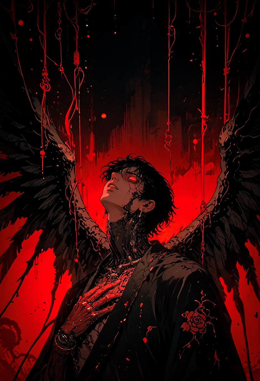 score_9, score_8_up, score_7_up, solo, 1boy, from side, no pupils, blank eyes, falling, 1arm up, 1hand on chest, male focus, dripping, chaos, black background, red theme, abstract, dark aesthetic, Sinozick, wings, multiple wings, robotic circuits, looking up, flat, retro, dated, f3nn3r, dark theme, gloomy, chain, wires, <lora:sdxl_lightning_8step_lora:1> <lora:Art_Adams_Style_Pony_XL:0.4> <lora:Dark_Anime:0.2> <lora:glowneon_xl_v1:0.4> <lora:nostalgia-000011:0.4>   <lora:Sinozick2:0.4>   <lora:f3nn3rXLP:0.8>