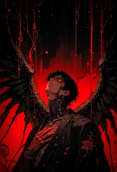 score_9, score_8_up, score_7_up, solo, 1boy, from side, no pupils, blank eyes, falling, 1arm up, 1hand on chest, male focus, dripping, chaos, black background, red theme, abstract, dark aesthetic, Sinozick, wings, multiple wings, robotic circuits, looking up, flat, retro, dated, f3nn3r, dark theme, gloomy, chain, wires, <lora:sdxl_lightning_8step_lora:1> <lora:Art_Adams_Style_Pony_XL:0.4> <lora:Dark_Anime:0.2> <lora:glowneon_xl_v1:0.4> <lora:nostalgia-000011:0.4>   <lora:Sinozick2:0.4>   <lora:f3nn3rXLP:0.8>
