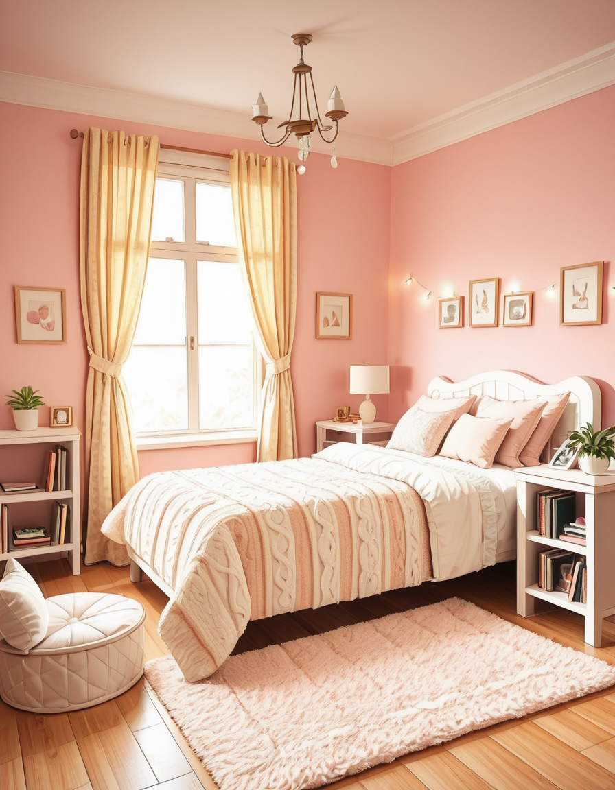 A beautifully designed modern bedroom with a warm and inviting atmosphere. The room features a large bed with soft, neatly arranged pillows and a cozy knitted blanket draped over the edge. Warm fairy lights are strung along the headboard, casting a soft golden glow. A large window with sheer curtains allows natural sunlight to filter in, illuminating the room with a gentle ambiance. The walls are painted in soft pastel tones, complementing the wooden furniture and minimalist decor. A small wooden nightstand holds a cup of coffee, an open book, and a small potted plant. A fluffy cat is curled up on the bed, adding a sense of warmth and tranquility. The background features elegant framed artwork and a tall bookshelf filled with neatly arranged books and decorative items. The atmosphere is serene and cozy, with a photorealistic style capturing the intricate details of textures, fabrics, and lighting.
<lora:SDXLFaeTastic2400:0.4> <lora:extremely_detailed:0.4> extremely detailed, 
<lora:Girl_b3dr00m-i:1>,Girl b3dr00m, Masterpiece,best quality,hi res,8k,hi res,8k,award winning,(sharp focus, intricate, highly detailed),