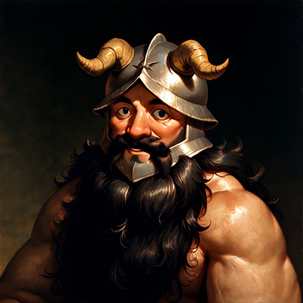 masterpiece, best quality, newest, absurdres, highres, 
ROPV1.0, fine art, fine art. parody, oil painting, traditional media,
1boy, Senshi \(dungeon_meshi\), dwarf, helmet, horns, horned helmet, fake horns, beard, black eyes, black hair,