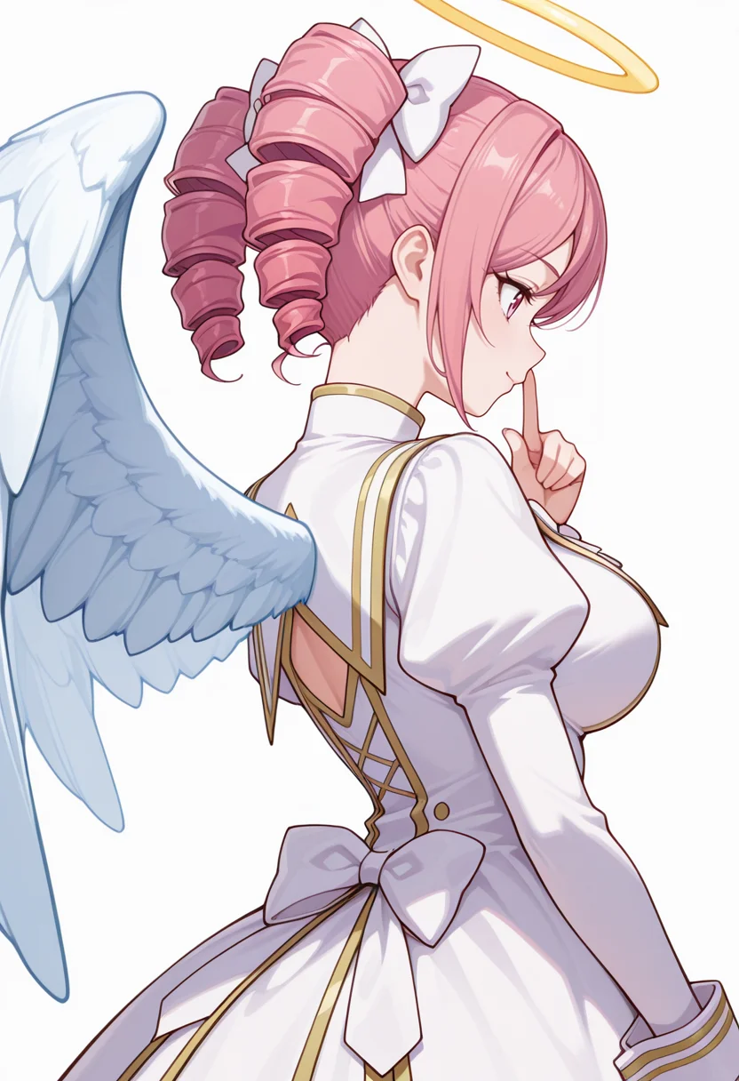 Smooth Quality,masterpiece,very intricate, high quality details, ultra realistic, high detailed skin,detailed enviorement,absurdres,
pointing down,
 <lora:Pino_CNR:0.8> pino_cnr, 1girl, pink hair, short hair, twintails, drill hair, pink eyes, large breasts,pino_cnr_def, white dress,white bow, hair bow, hair ribbon, cross,long sleeves, juliet sleeves, halo, angel wings,, fingersmile,, simple background, white background, from behind,solo,