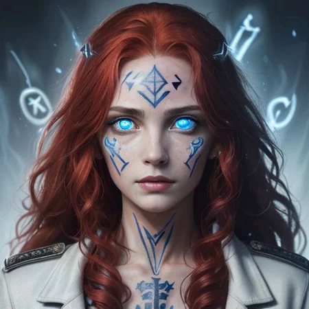 bright red hair, human female, (feminine:1.7), (beautiful face, detailed face:1.6), (beautiful eyes, detailed eyes:1.7), (looking at viewer, eye contact, intense:1.6), (long hair, red hair, curly hair:1.3), , ((masterpiece, best quality, high resolution, realistic, best quality,)), photo realistic, Perfect Face, (detailed face). <lora:GoodHands-vanilla:0.6> <lora:add-detail-xl:0.8>, mage, (Dress White military uniform coat), dagger, rune dagger, glowing runes, , (((glowing magic symbols tattoos, religious tattoos))), ((face tattoos)), glowing tattoos, stone tower in the background