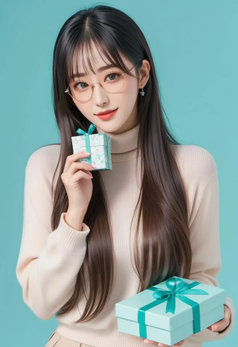 1girl opening gift box, , full of love
parted lips, long hair, hair between eyes, looking at viewer, bangs, aqua hair, turtleneck, glasses