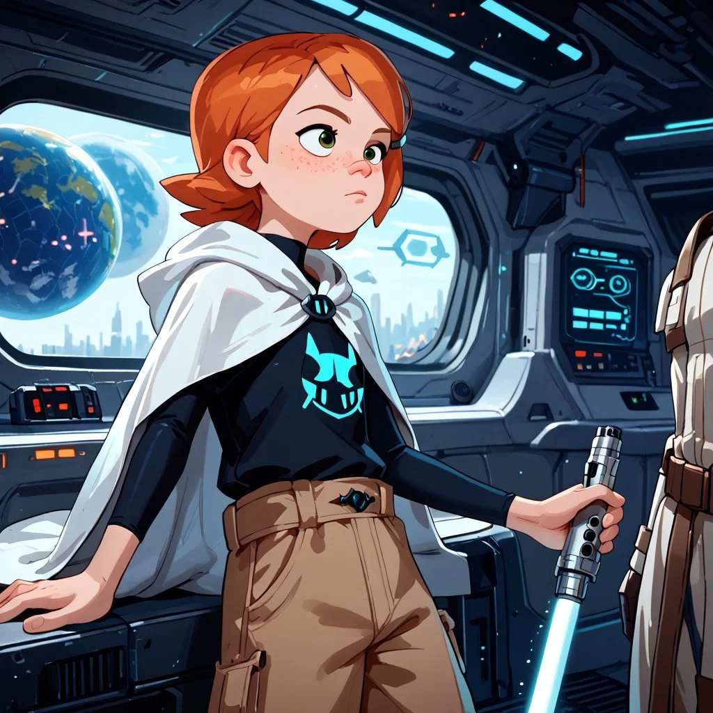 (score_9, score_8_up, score_7_up, score_6_up), re_gwen, orange hair, fair skin, freckles, Jedi tunic, baggy pants, holding, lightsaber, laser sword, green eyes, white cloak, star Wars, science fiction, starcraft, spacecraft interior