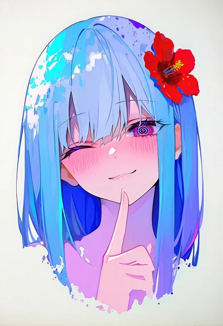 masterpiece,best quality,absurdres, amazing quality, hi res, masterpiece, best quality, detailed, amazing quality, detailed face, detailed eyes, clean eyes, best quality, highres, very aesthetic, newest, ultra-detailed, illustration, (best quality:1.1),ultra-detailed, high resolution, super detailed skin, beautiful detailed eyes, nsfw, Brightly Lit, Highly Visible, 8k, sharp focus, beautiful, perfect lighting, beautiful eyes, anatomically correct, anatomically correct face, extremely detailed eyes, smooth edges, beautiful face, symmetrical eyes, symmetrical face, BREAK 748cmstyle, newest, (colorful:0.5), (lineart:0.8), (silhouette:0.4), StainedArt_IL, sketch, paint splatter, Spill Art, coffee spill art, 1girl, one eye closed, smile, hair flower, blue hair, hair ornament, blush, long hair, looking at viewer, bangs, purple eyes, index finger raised, portrait, red flower, paint splatter, white background, upper body