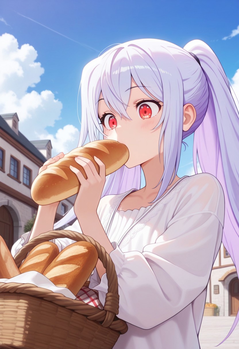 masterpiece,best quality,amazing quality, isla, long hair, silver-lavender hair, red eyes, 1girl, basket, solo, sky, food, day, cloud, outdoors, twintails, bread, holding, building, blue sky