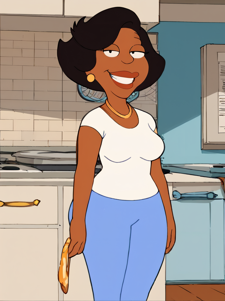 donna, dark skin, black hair, dark-skinned female, 1girl, jewelry, earrings, short hair, solo, necklace, flat color, shirt, white shirt, lipstick, pants, blue pants, mature female ,teeth,  <lora:DonaPony2.0:1>, smile, looking at viewer,  score_9, score_8_up, score_7_up, score_6_up, score_5_up, score_4_up