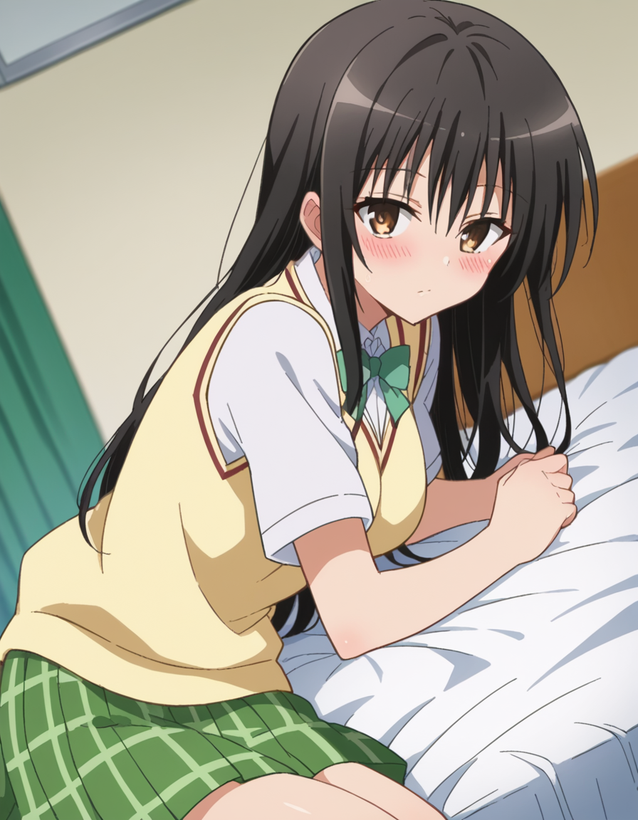 score_9, score_8_up, score_7_up, source_anime,
yuikotegawa, <lora:yui-kotegawa-darkness-ponyxl-lora-nochekaiser:1>,
yui kotegawa, black hair, brown eyes, long hair,
green skirt, plaid, plaid skirt, sainan high school uniform, school uniform, skirt, sweater vest, yellow sweater, short sleeves,
indoors, bed, bed room, on side, blush, drunk,
looking at viewer, dutch angle, cowboy shot,