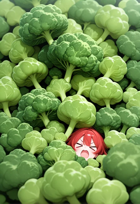 close-up, 1girl, solo, xD, >.<, open mouth, red hair, too many broccoli, detailed background, incredibly absurdres, highres, masterpiece, newest