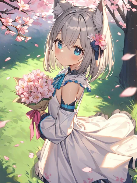 1girl,solo,cherry blossoms,hair flower,pink flower,hair ribbon,cat ears,animal ear fluff,grey hair,short hair,bangs,blue eyes,hair between eyes,eyebrows visible through hair,blush,closed mouth,neck ribbon,white dress,crease,frilled_collar,detached_sleeves,flat chest,
standing,looking to the side,holding bouquet,light smile,
outdoors,leaf,flower,light rays,
from behind from above,
<lora:AL17460600_1-000032:1>,