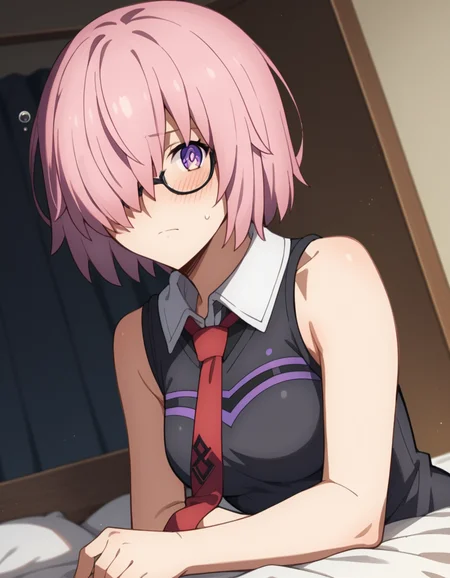 score_9, score_8_up, score_7_up, source_anime,
mashkyrielight, <lora:mash-kyrielight-babylonia-s1-ponyxl-lora-nochekaiser:1>,
mash kyrielight, short hair, purple eyes, pink hair, hair over one eye,
glasses, hood, shirt, collared shirt, white collar, black shirt, necktie, red necktie, sleeveless, off shoulder,
indoors, bed, bed room, on side, blush, drunk,
looking at viewer, cowboy shot, solo, dutch angle,