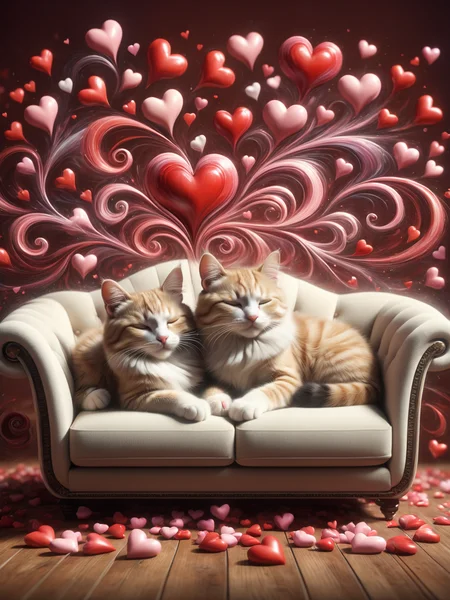 two cats sleeping on the sofa, mad-love hearts swirling around <lora:Love_is_in_the_air_SDXL:0.8>, (masterpiece:1.2), best quality, (hyperdetailed, highest detailed:1.2), high resolution textures