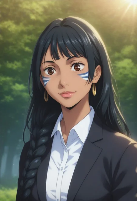 score_9, score_8_up, score_7_up, source_anime, intricate details, anime screencap, perfect balance, official art, extremely detailed CG unity 8k wallpaper, perfect lighting, Colorful, Warm_Front_face_Lighting, (masterpiece:1.0),(best_quality:1.0), ultra high res,4K,ultra-detailed, photography, 8K, HDR, highres, absurdres:1.2, Kodak portra 400, blurry background, bokeh, lens flare, (Anime) (vibrant_color:1.2), professional photograph, night, (cute_face:1.2), 2d, anime, upper body, intricate iris, American, Professional character design, 1girl, female focus, (Brown eyes), perfect eyes, (black-hair), Native American, Indigenous, American Indian, youthful, solo, jujutsu_kaisen_style, character portrait, (perfect-lighting), face, young, (Dark-black-hair), Long hair, (Native American), Indigenous, American Indian, (((wild eyes))), (Native North American), (Upturned eyes), (high cheekbones), (strong jawline), (Black Hair), (Black Cowboy Jacket), (((wild eyes))) ((Bobbed Bangs)) (((Slanted-Eyes))) (Psycho) (Happy) (Friendly) (Goofy) (Dark Black Jacket) (White Dress Shirt), (Redwood Forest, Pacific Northwest Forests), (Inuit), Inuit Braids, (Tan skin), (Dark Skin), (Brown skin), (bobbed hair), White Eagle-Feather-Earrings, Thick Bangs, Bobbed hair, Bob-cut, White-Feather-Earrings, Brown-skin, Full-Bangs, Wide-Bangs, Thick-Hair, Black Suit & Tie, Mullet, Blue-Facepaint