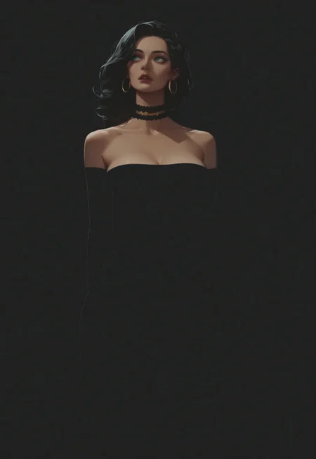 safe_pos, (Blend_in, black background), score_9, score_8_up, score_7_up, (high contrast, sidelightning, cowboy shot), mature, beautiful, stunning, 1girl, solo, 38 y.o gorgeous russian MILF, green eyes, long silky black hair, gold hoop earrings, choker band, (tanned skin:0.8), matte red lips, parted lips, black evening dress, slit dress, elbow gloves, black clothes, bare shoulders, looking away, head turned to the side, arms at sides