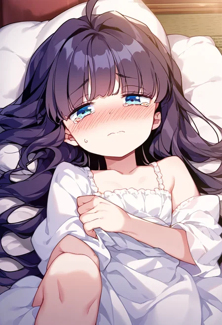 score_9,score_8_up,score_7_up,source_anime,zPDXL3,
*//*,<lora:BlancheFreidkin_v1.1:1>,blanche_freidkin1girl,flat chest,blue eyes,black hair,long hair,hair intakes,ahoge,white dress,
*//*,(game cg,moody lighting,cinematic lighting:1.2),night,novel illustration,bedroom,nervous,blush,half-closed eyes,lying,on back,(half undress,undressing:1.2),crying,sad,blush