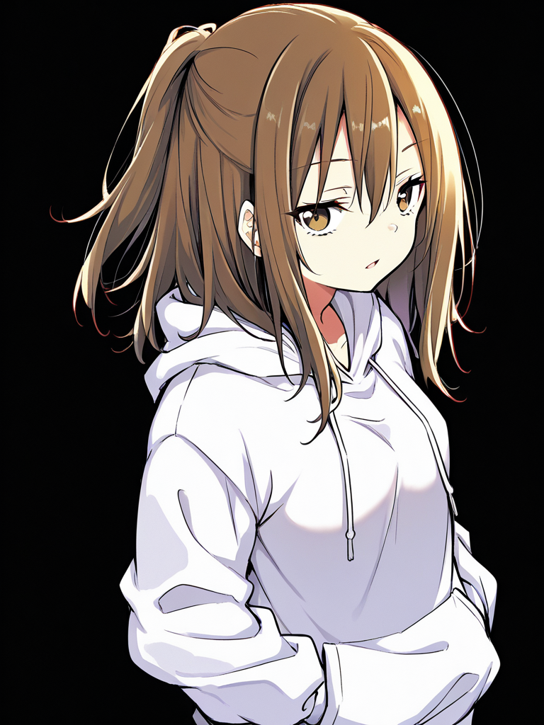score_9, score_8_up, score_7_up,  
1girl, hina ai, small breasts, long hair, half updo, brown hair, 

standing, white hoodie, hands in pockets, open mouth, expressionless, looking at viewer, upper body,
black background,

