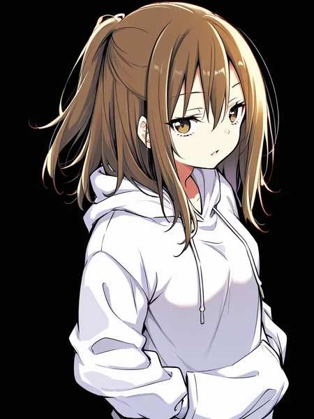 score_9, score_8_up, score_7_up,  
1girl, hina ai, small breasts, long hair, half updo, brown hair, 

standing, white hoodie, hands in pockets, open mouth, expressionless, looking at viewer, upper body,
black background,

