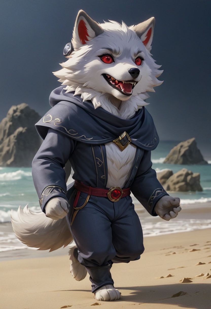furry wolf, gray wolf, chibi, with red eyes,  beach,
pants or shorts, 
full-length frontal view, flight phase during running, legs above the ground, wind blowing the cloak, fast running,
Hyperrealistic art "high-quality portrait flat matte drawing of a cute Nendoroid and cartoon style, anime flat style, thick drawing, medium close-up", (solo:1.2), photorealistic:1.5, ultra highres, 8k, texture skin, realistic skin, detailed skin, highest detailed, extreme detailed, 8k wallpaper, colorful, (dark magic), ring with the stone, (intricate details), (hyperdetailed), 8k hdr, high detailed, lot of details, high quality, soft cinematic light, atmospheric perspective (focus on), color Ink wash painting, . Extremely high-resolution details, photographic, realism pushed to extreme, fine texture, incredibly lifelike, two people, two children