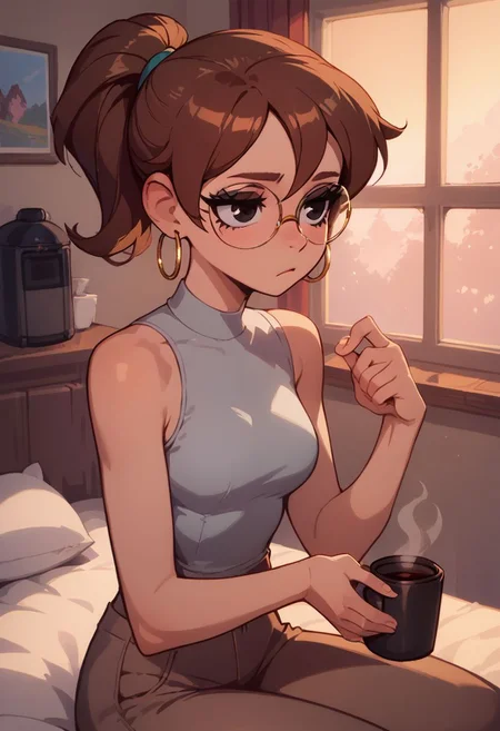 score_9, score_8_up, score_8, medium breasts, 1girl, (skinny), cute, eyelashes, firm breasts, (petite girl), rating_questionable, pretty girl, vivid colors, indoors,
julie powers, brown hair, black eyes, grey top, glasses, sleeveless, brown pants, hoop earrings, ponytail,
tired, morning, on bed, sitting, dynamic pose, dynamic angle, holding coffee cup,