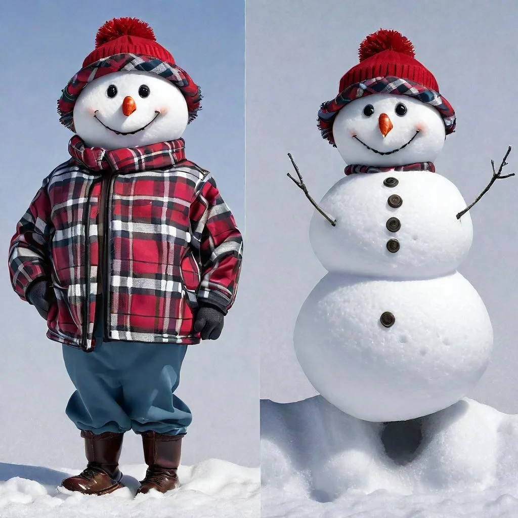 onoff, a snowman wearing a plaid jacket and hat