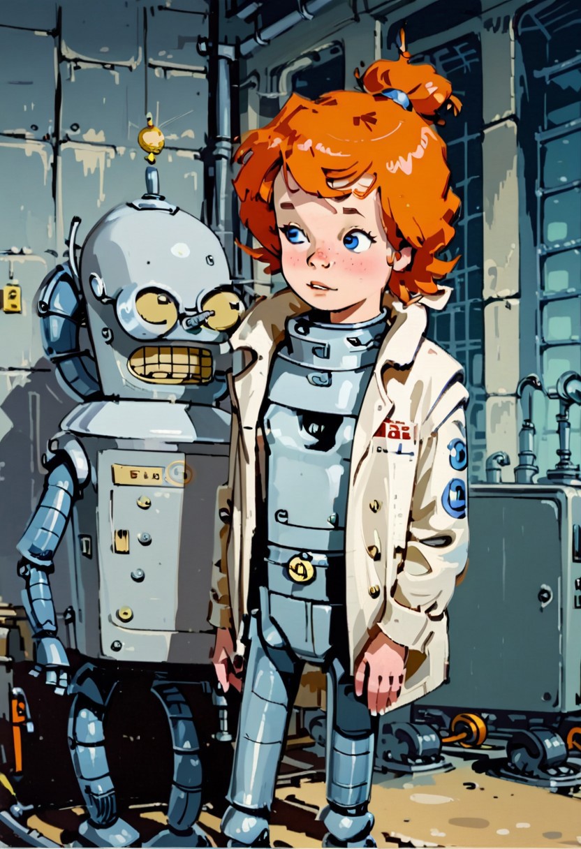 drawn, flat_cartoon_style, Mignstl, golden-red hair, ((flat_chest)) 1girl labcoat, looking at robot: robot Bender looks aside