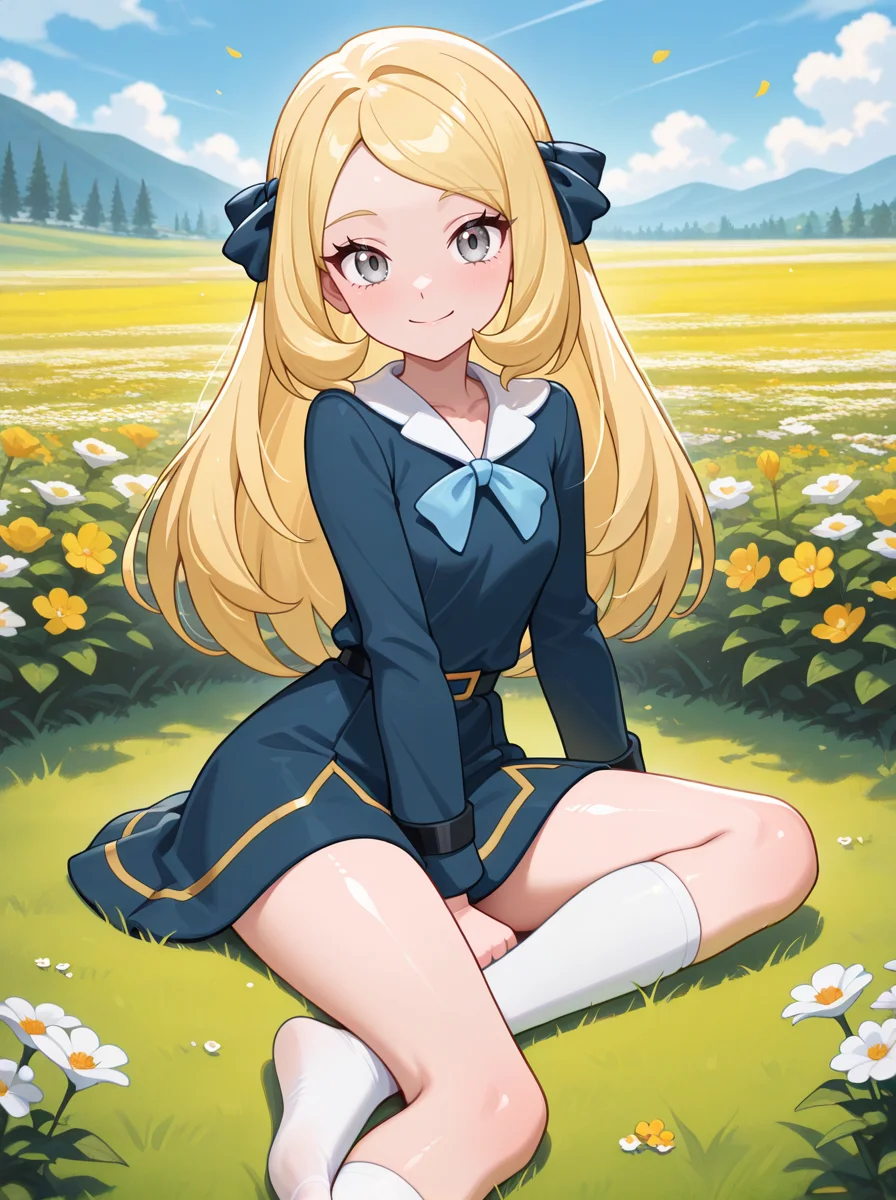 masterpiece, best quality, amazing quality, very aesthetic, absurdres, newest,shiny skin anime screenshot <lora:CynthiaJourneys:1>cynjourney, 1girl, blonde hair, long hair, ribbon, grey eyes, dress, smile, hair ribbon, eyelashes looking at viewer,   white socks,  flowers,