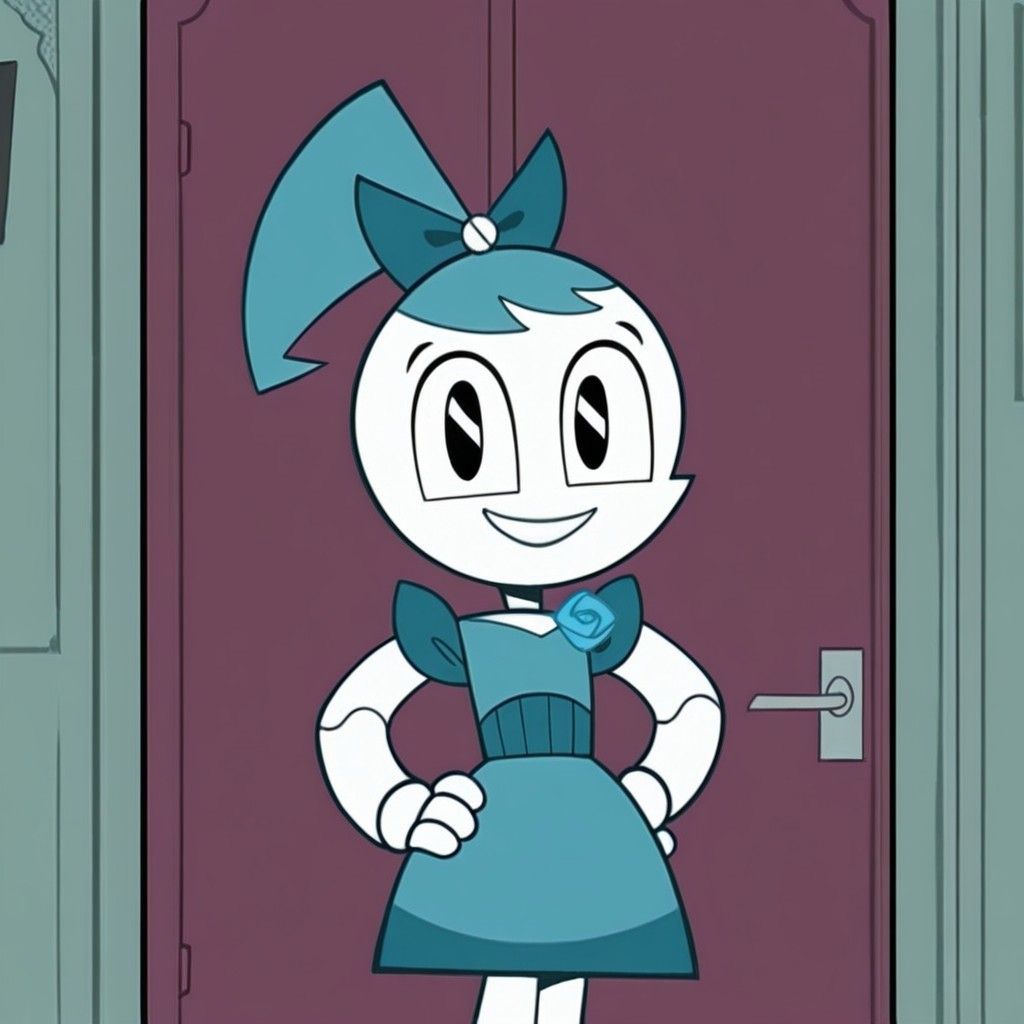score_10, score_9_up, score_8_up, score_7_up, score_6_up, dance dress jenny, jenny wakeman, 1girl, solo, robot joints, black eyes, ponytail, hair bow, blue rose chest corsage, poofy dress, blue hair, blue dress, flat colors, hand on hip, looking at viewer, smile, open mouth, upper body, cowboy shot, indoors