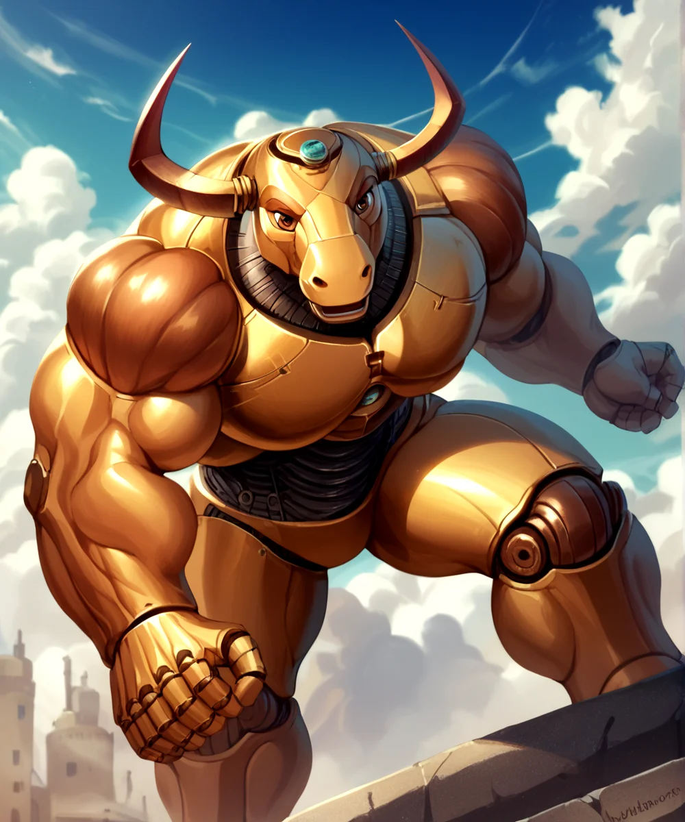 score_9, score_8_up, score_7_up,
<lora:Mumbo_Jumbo_(Silverhawks)_(Pony)_(AD):1> Mumbo Jumbo, Silverhawks_cartoon, robot, muscular, gold chrome, copper chrome, bronze chrome, metal body, horns, brown eyes,
8K, In'ei, chiaroscuro, depth of field, clear_eyes,
perfect hands, perfect proportions, peak physical perfection, perfect male physique, powerful muscular body,
dynamic pose, detailed anime background, detailed photographic fluffy anime clouds, masterclass anime, smooth metal body, bull robot, full metal body,
BREAK zPDXL, zPDXLxxx,