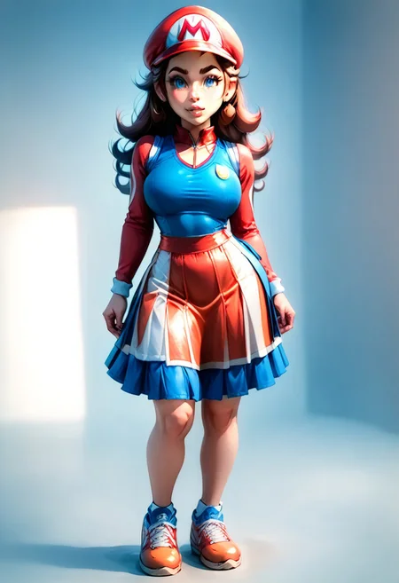 <lora:MtF_Genderswap:1>, genderswap \(mtf\), Mario, facing forward, adult woman, extremely large nose, extremely bulbous nose, very wide face, circular head shape, wide chin, wide jawline, brown hair, lightly curly hair, blue eyes, average bust, wide hips, red and blue clothes, tennis uniform, two-tone skirt, fully clothed, zPDXL, score_9, score_8_up, score_7_up, score_6_up, score_5_up, score_4_up,
full body render, full body, photorealistic image, realistic image, high quality, detailed face, realistic human proportions, detailed clothes, even lighting, no aura, no glow,