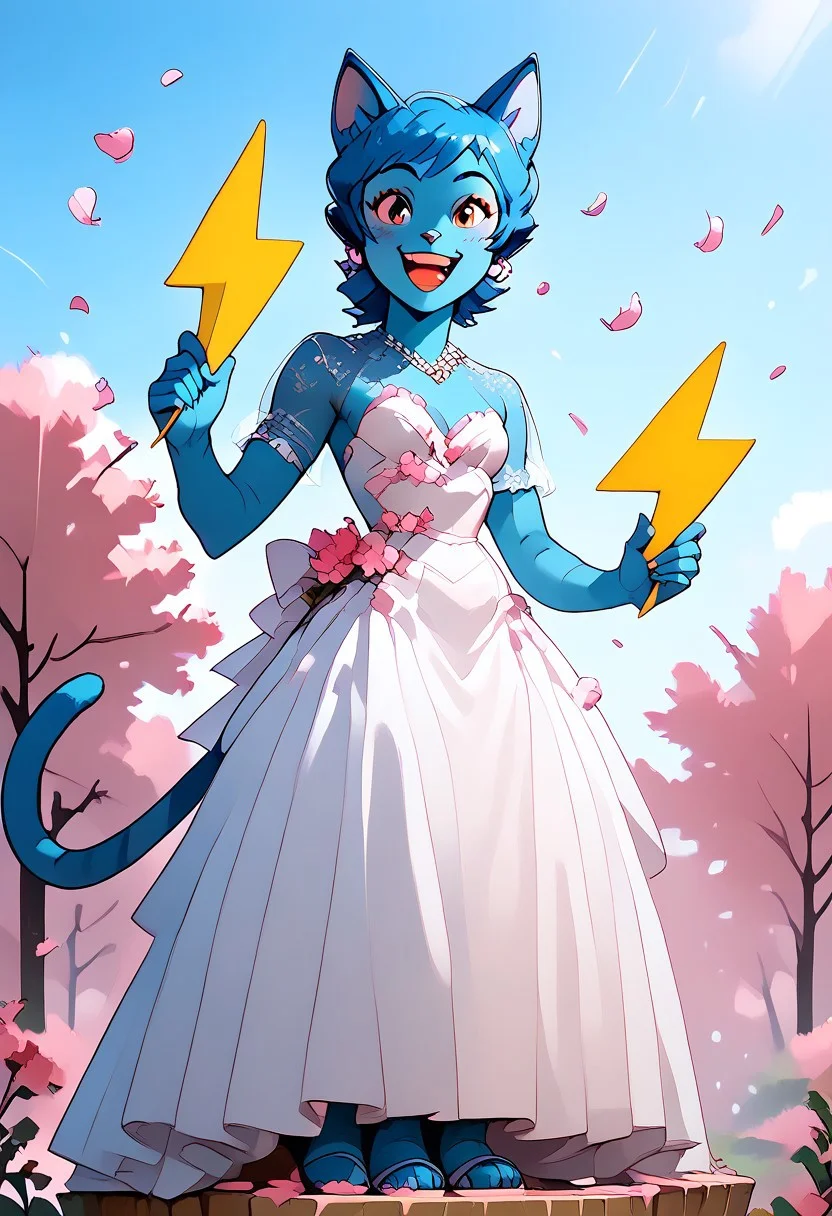 Score_9, Score8_up, Score_7_up, (((High Resolution, Best Quality))), 
1girl, solo, nicole, blue short hair, blue cat ears, blue athletic body, tail, 
wedding dress, full body,
excited, happy, loving, tender, 
On a Cliff overlooking a beach, Cherry blossom trees, Cherry blossom leaves, Cloudy Sky,
yellow buzz, (holding yellow buzz:1.3),