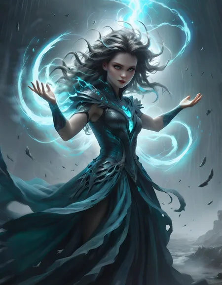 Capture the awe-inspiring power of a wind sorceress as she conjures a spell with elegant gestures, unleashing a devastating hurricane. Emphasize her delicate hands amidst a swirling tornado and her hair fluttering in the wind. Set the scene with a white, teal, and grey colour palette, enhanced by HDR and ray tracing for a visually stunning masterpiece